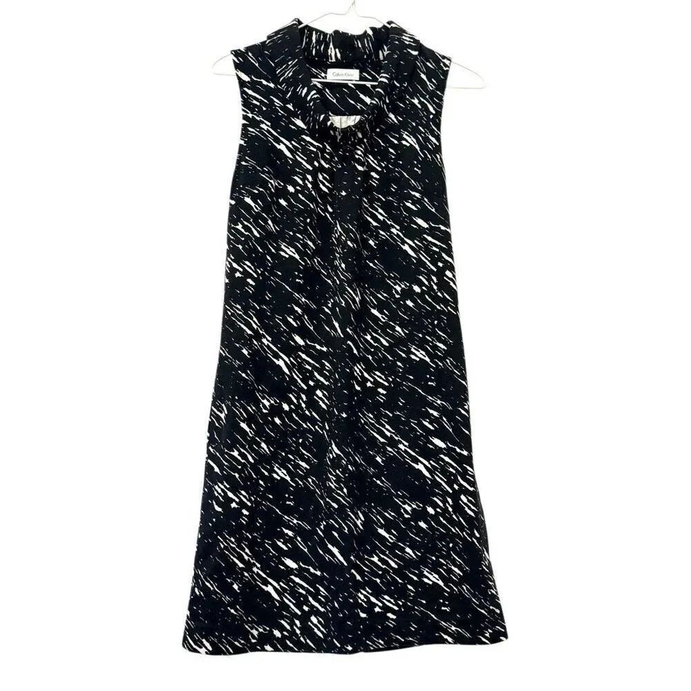 Calvin Klein Sleeveless Cowl Neck Abstract Knit Midi Dress Black White Sz Small